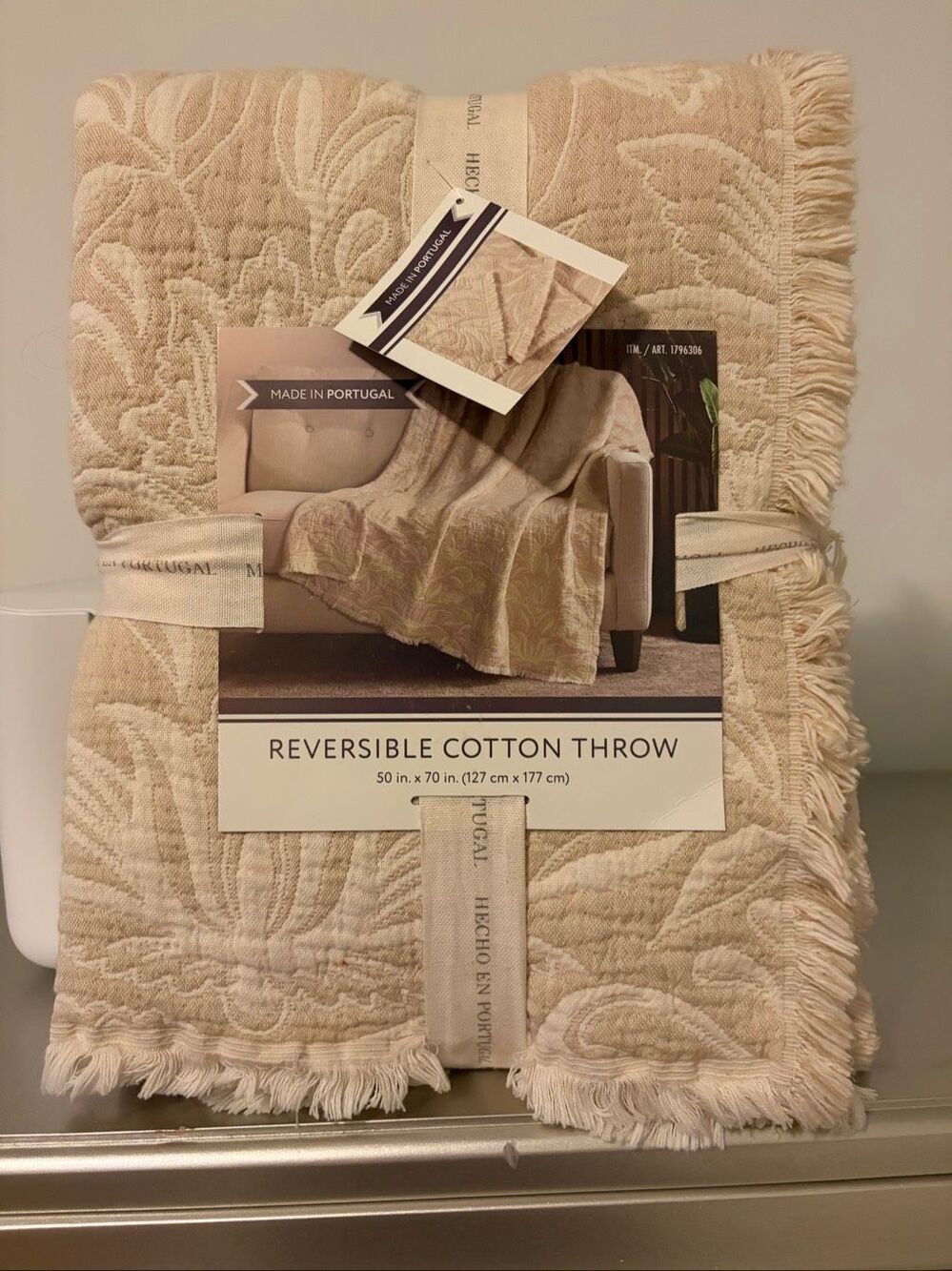 Nemcor Portugal Reversible 100% Cotton Jacquard Floral Beige Throw Blanket NWT
